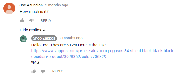 A YouTube user asks what's the price for these Nikes and Zappos replies $120.